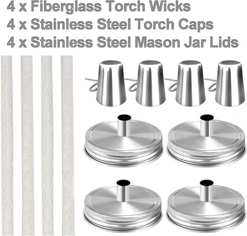 Mason Jar Tabletop Torch Kits,4 Pack Longlife Fiberglass Wicks,Stainless Steel Mason Jar Lids Caps Included,Outdoor Deck Oil Lamp Torch...