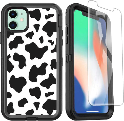 Compatible for iPhone 11 Case with Screen Protector Cute Luxury Cow Print Design for Women Girls, Shockproof 3-Layer Full Body Rugged Heavy Duty P...