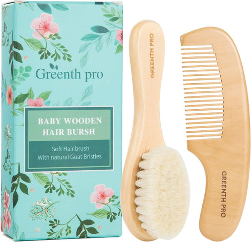 Baby Hair Bush and Comb Set -Nature Lotus Wood with Soft Goat Bristle and Pear Wood Comb for Newborns & Toddlers, Ideal for Cradle Cap...