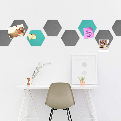 Navaris Hexagon Felt Board Tiles - Set of 12 Notice Memo Bulletin Boards with Push Pins and Double-Sided Tape 5.9" x 6.7" - Dark Gray, Turquoise...