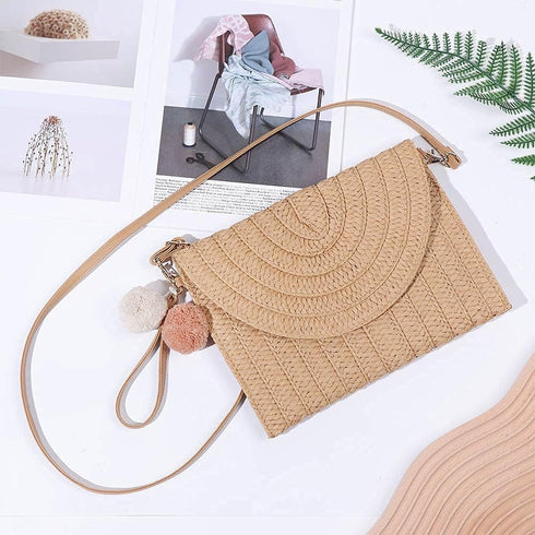 Handwoven Round Straw Shoulder Bag Crossbody Bag Girls Summer Beach Straw Bag Envelope Wallet for Womens...