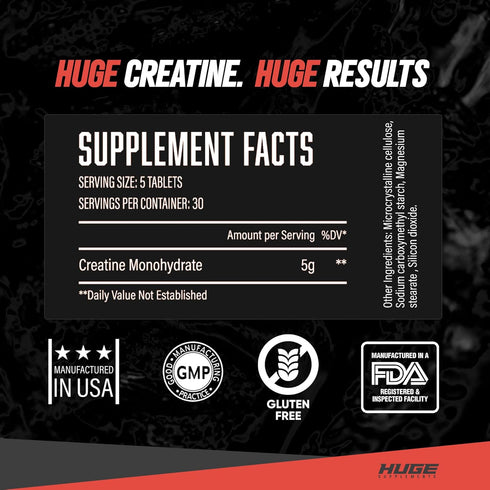 Huge Supplements Creatine Monohydrate Pills, 5g Per Serving, Clinically Dosed to Support Lean Muscle Growth, Recovery & Performance, Convenient Ca...