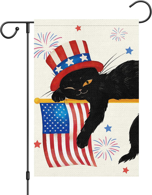 Louise Maelys 4th of July Garden Flag 12x18 Double Sided Vertical, Small Burlap Black Cat Welcome Patriotic Garden Yard House FLags for Memorial D...