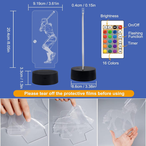 FULLOSUN Baseball 3D Night Light, Sport Gifts Bedside Lamp for Xmas Holiday Birthday Gifts for Kids Baseball Fan with Remote Control 16 Colors Cha...