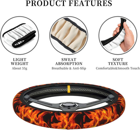 Flames Burning Fire Elastic Steering Wheel Cover, Universal 15 Inch Fit, Neoprene Rubber Car Steering Wheel Covers, Anti-Slip Car Accessories For ...