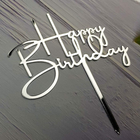 Happy Birthday Cake Topper for Birthday Party Decorations - Mirror Silver Acrylic...