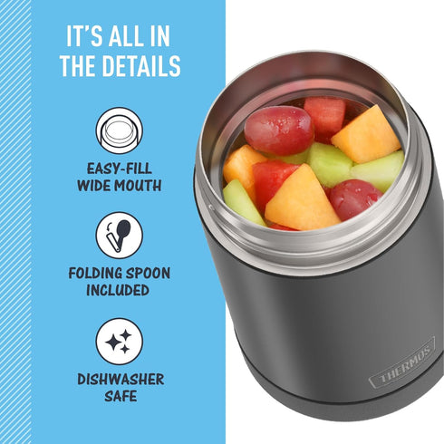 THERMOS FUNTAINER Insulated Food Jar, 16 Ounce, Kid Friendly Food Jar with Foldable Spoon, Matte Black...