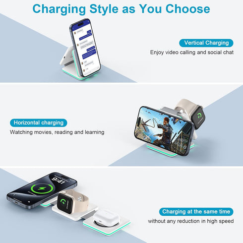 15W Fast Wireless Charging Station MagSafe Charger for iPhone 15/15 Pro/15 Pro Max/14/13/Mini/12 Pro Max, iWatch 9/8/7/6/5/4/3/2/SE/Ultra 2, AirPo...