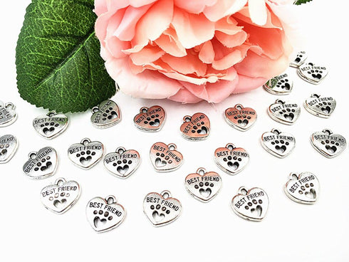 ALIMITOPIA 30pcs Heart Shape Pet Paw Print Best Friend Paw in Heart Lettering Charm Double-sided Pendant for DIY Bracelet Necklace DIY Jewelry Mak...