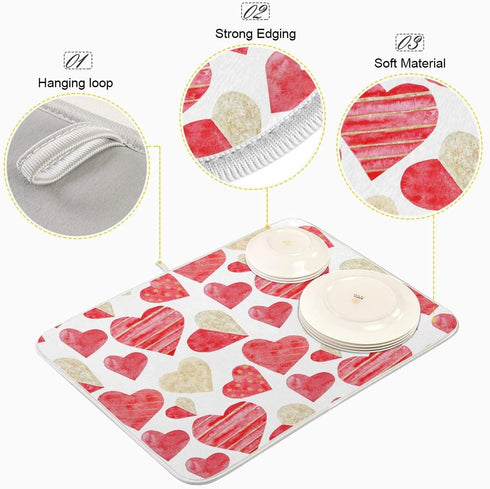 Red Gold Watercolor Hearts Love Dish Drying Mat 16x18 for Kitchen Valentine's Day Love Flowers Dishes Pad Dish Drainer Rack Mats Absorbent Fast Dr...
