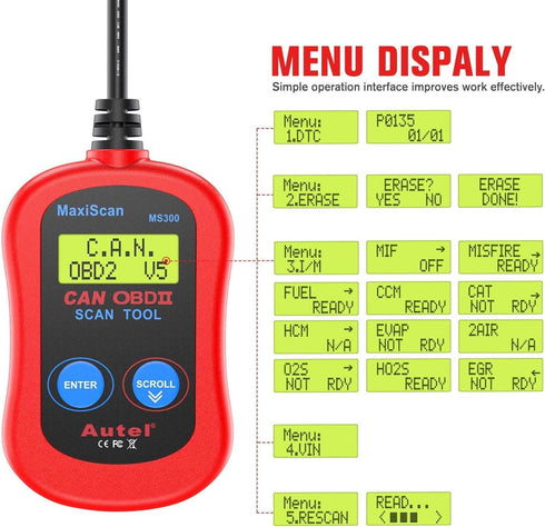 Autel MS300 OBD2 Scanner Code Reader, Turn Off Check Engine Light, Read & Erase Fault Codes, Check Emission Monitor Status CAN Diagnostic Scan Too...