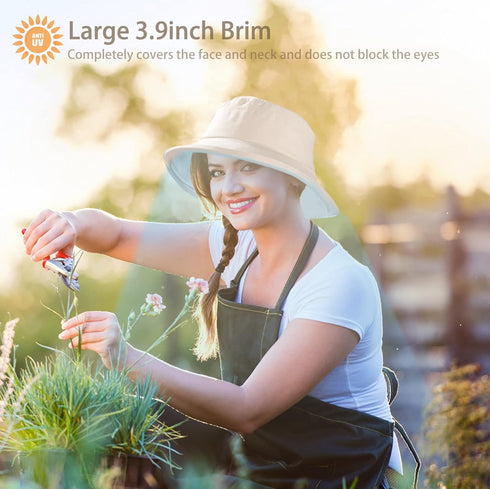 100% Cotton Women Sun Hats Wide Brim Gardening Bucket Hat Travel Sun Protection Packable Womens Beach Cap -Fold-UP Brim...