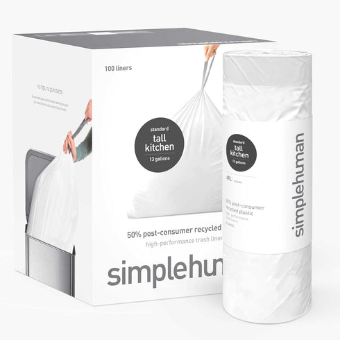 simplehuman 50% Post-Consumer Recycled Tall Kitchen Drawstring Trash Bags, 13 Gal, 100 Count...