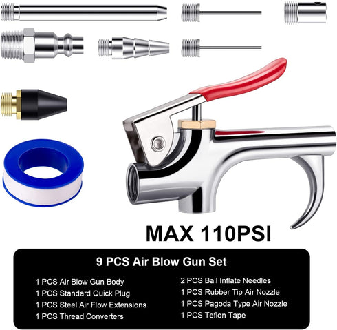 9 Pcs 2-Way Connection Air Nozzle Blow Gun Sets, Air Nozzle Kit with 1/4 Inches Standard Quick Fitting and 4 Air Nozzles, Air Compressor Accessori...