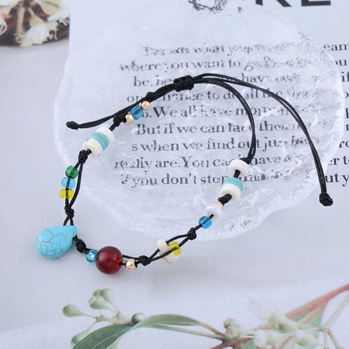 Boho Turquoise Anklet Bracelet Colorful Seed Bead Ankle Blue Turquoise Dangle Anklet Bracelet Black Wax Rope Anklet Rainbow Rice Bead Foot Anklet ...