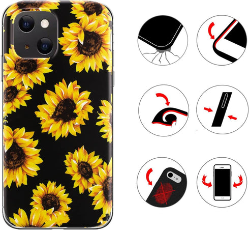 Case for iPhone 13 Mini, Sunflower Floral Pattern, Shockproof Soft Silicone Slim Cute Yellow Flower Case Compatible with iPhone 13 Mini 5.4 Inch...