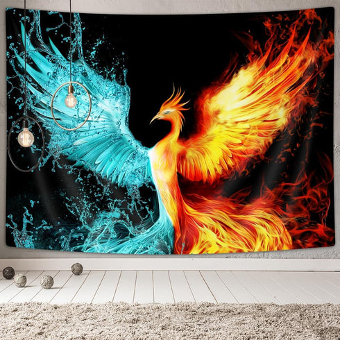 Fantasy Phoenix Tapestry, Water Ice and Fire Rising Phoenix Animal Anime Wall Hanging for Bedroom, Aesthetic Tapestry for Men Beach Blanket Colleg...
