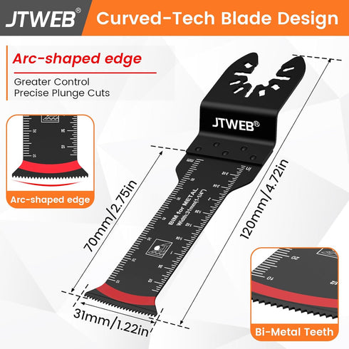 JTWEB Extra Long Oscillating Saw Blades - 12PCS Arc-Shaped Edge Bi-Metal Multitool Blades Precise Cut for Wood with Nails, Metal, Universal Quick ...