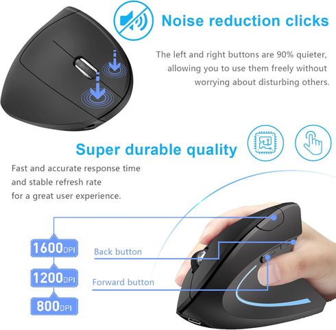 Ergonomic Mouse Vertical -Rechargeable 2.4GHz Optical (Bluetooth+USB+USB C) modes Wireless Mice- 800/1200/1600DPI 6 Buttons for Laptop Computer PC...
