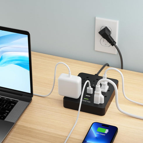 Power Strip Surge Protector with 9 Outlet 3 USB Ports, Fireproof Desktop Charging Station with Flat Plug Wall Mount 5 ft Long Extension Cords for ...