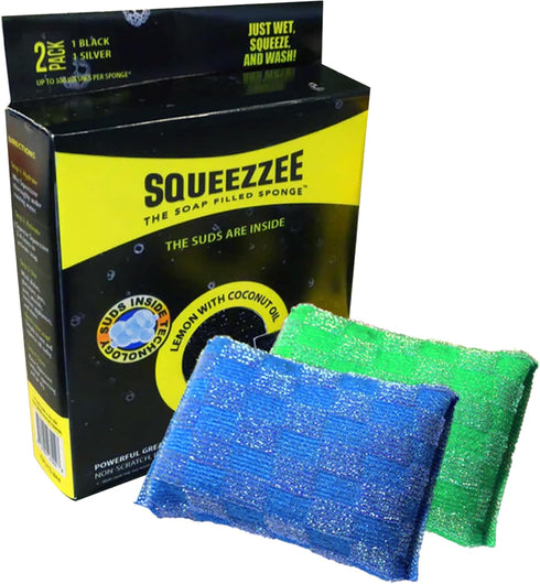 Squeezzee Soap Filled Scrubber Sponges 2-Pack - Non Scratch Scrubbing Sponge with Built-in Dishwashing Liquid Dish Soap, Double Sided Kitchen Clea...