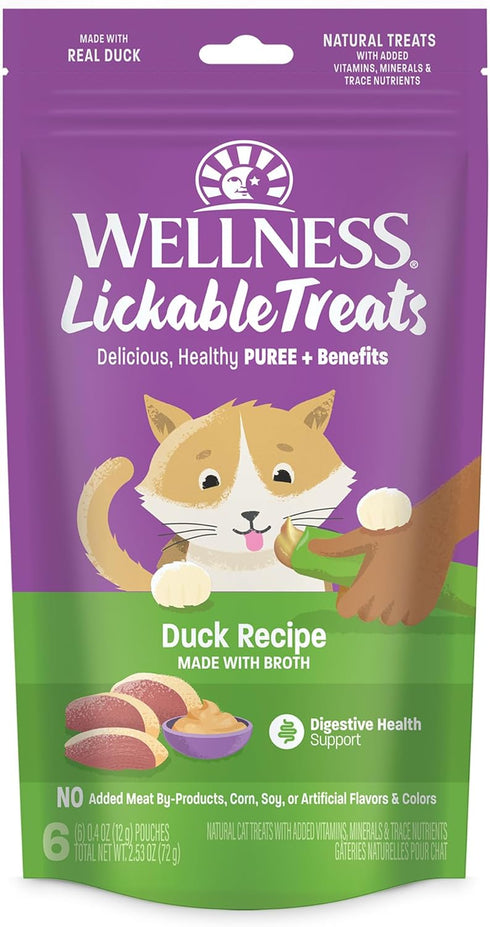 Wellness Lickable Treats Soft Puree Natural Grain Free Adult Cat Treats, Duck Recipe, Contains 6-0.4 Ounce Squeezable Tubes...