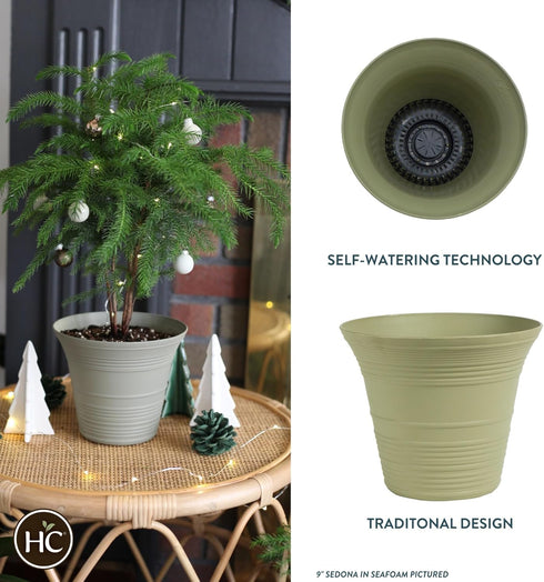 The HC Companies 9 Inch Sedona Round Self Watering Planter - Decorative Lightweight Plastic Plant Pot for Indoor Outdoor Plants Flowers Herbs, Sea...