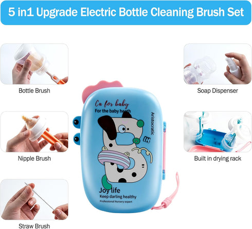 Baby Bottle Brush,6 in 1 Bottle Cleaner Brush Travel Kit with Extendable Silicone Bottle Brush,Drying Rack,Nipple Brush,Straw Brush,Soap Dispenser...