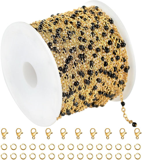 KYUNHOO 16.4 Feet Gold Plated Chain for Jewelry Making Solid Stainless Steel Cable Chain Black Beaded Jewelry Chain Roll with Lobster Clasps Jump ...