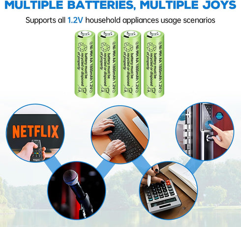 12PCS 1.2V 1800mAh Ni-MH AA Battery Suitable for Wireless Microphones, Electric Toys, RC Mice, Calculators, Razors, Keyboards, Household Appliance...