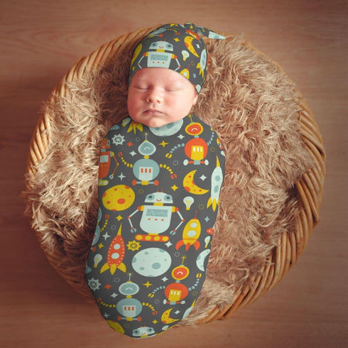 Robot and Moon Newborn Swaddle Blankets Hat Sets Soft Baby Receiving Blanket Swaddle Sack for Baby Shower Infant Boy Girl Gift...
