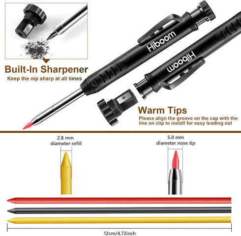 Hiboom 2 Pack Solid Carpenter Pencils with Pencil Cap and 18 Refills, Long Nose Deep Hole Mechanical Pencil Marker, Scribe Tool with Built-in Shar...