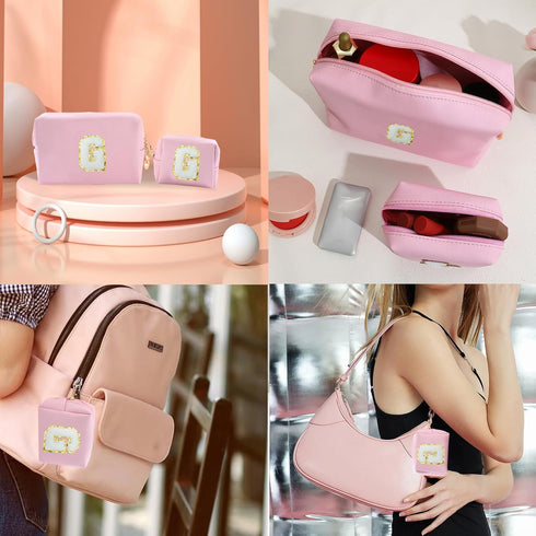 Personalized Initial Letter Makeup Bag Preppy Patch Bag, 2Pcs Waterproof PU Leather Chenille Letter Cosmetic Bag, Pink Travel Makeup Bag with Zipp...