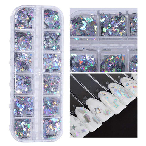 Nail Art Glitter Sequins Nail Art Supplies 12 Grids Holographic Laser Silver Nail Decals 3D Butterfly Letter Heart Nail Art Stickers for Acrylic N...