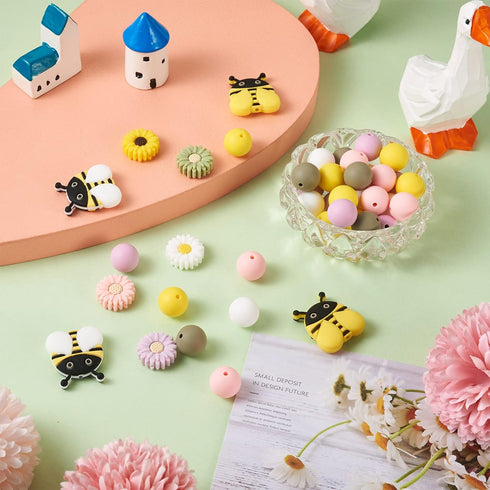 Cheriswelry Silicone Focal Beads Kits with 50pcs 15mm Round Silicone Beads for Pen & 5pcs Daisy Silicone Beads for Keychain Making & 4pcs Bees Sil...