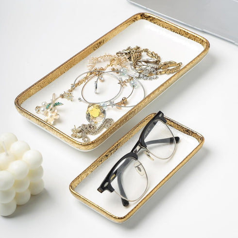 10 * 5" Granite Texture Fine Porcelain White Tray with Golden Edge,Decorative Vanity Tray for bathroom. for Jewelry storage, Ring & Key Holder, Ba...