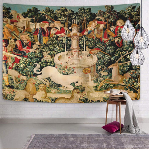Semtomn Tapestry Artwork Wall Hanging Unicorn Tapestries Medieval Hunt Found Mythical Creatures 60x80 Inches Home Decor Tapestries Mattress Tablec...