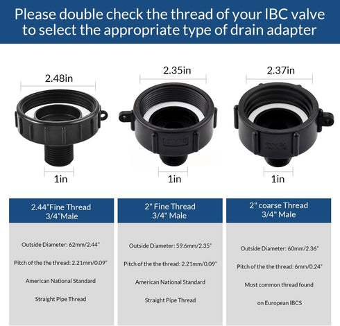 275 330 IBC Tote Adapter, Food Grade IBC Drain Adapter,Water Hose Male Adapter for Garden Hose,2" coarse Thread X Male 3/4" G Hose+2"Fine Thread+2...