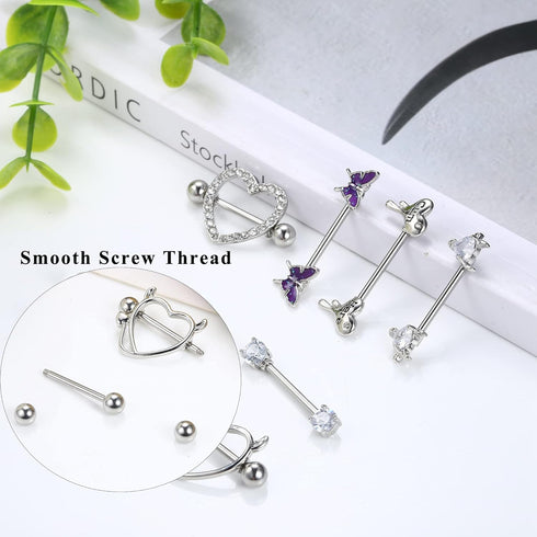 8 Pairs 14G Nipple Rings for Women Stainless Steel CZ Striaght Barbell Tongue Ring Nipple ring Set Butterfly Devil Heart Nipple Piercing Jewelry 1...