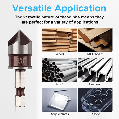 Rocaris 5 Pack Countersink Drill Bit Set for Wood and Metal, 1/4” Hex Shank, M2 High Speed Steel, 1/4'' 3/8'' 1/2'' 5/8'' 3/4'', Precision Design ...