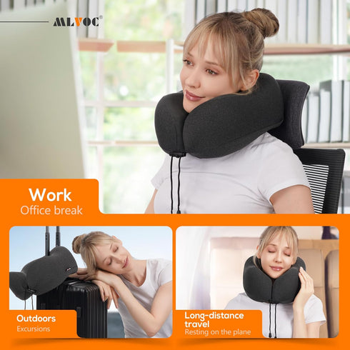 MLVOC Travel Pillow 100% Pure Memory Foam Neck Pillow, Comfortable & Breathable Cover, Machine Washable, Airplane Travel Kit with 3D Contoured Eye...