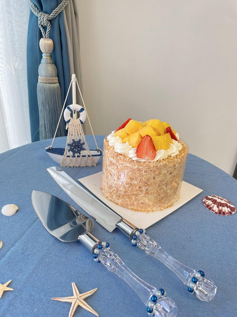 FISHBONE Stainless Steel Wedding Cake Knife and Server Set with Delicated Nautical Blue Rings Design - Perfect Cake Cutting Set for Weddings and S...