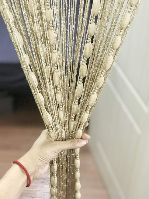 Door String Curtain Flat Silver Ribbon Thread with Shaggy Tassel Room Divider, 39’’x79’’, (Gold-style2)...