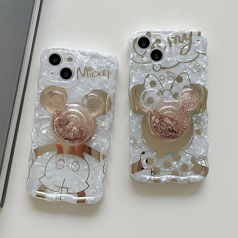 Cartoon Case for iPhone 13 Pro Max, Cute Mickey Mouse Shinny Gold Plating Curly Wave Frame with Quicksand Cell Phone Holder Strap for Woman Girls ...