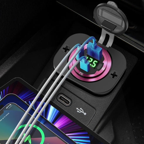 ?Green LED? 78W 12V USB Outlet Qidoe USB Charger Socket Dual PD 30W & 18W Quick Charge 3.0 with Voltmeter Metal Body Switch Waterproof Car Charger...