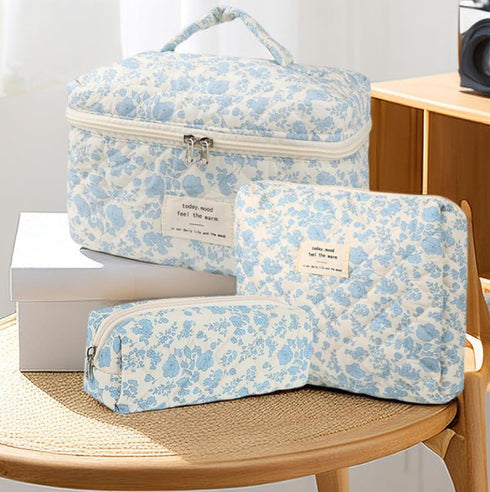 3 Pcs Cotton Quilted Makeup Bag Set,Floral Makeup Bag,Cute Makeup Bag,Travel Makeup Bag,Large Toiletry Cosmetic Bag Makeup Bag Organizer for Women...