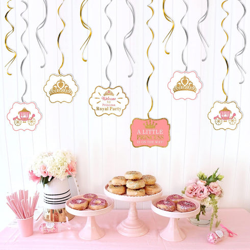 LINGTEER A Little Princess Royal Crown Pink Swirls Streamers - 12 pcs Princess Baby Girl Birthday Shower Party Decorations Gift Sign....