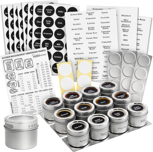 Talented Kitchen 12 Magnetic Spice Jars for Refrigerator with 3 Metal Wall Bases, 269 Preprinted Seasoning Labels, 2 Styles, 1 Cooking Conversion ...