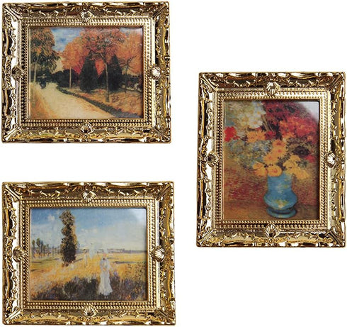 3Pcs 1:12 Mini Miniature Gold Frame Art Wall Picture Oil Painting Home Decor...