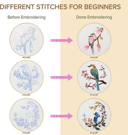 Dremisland 3 Sets Embroidery kit for Beginners Adults Embroidery Starter Kit with Hummingbird Flower Pattern and Instructions Stamped Cross Stitch...